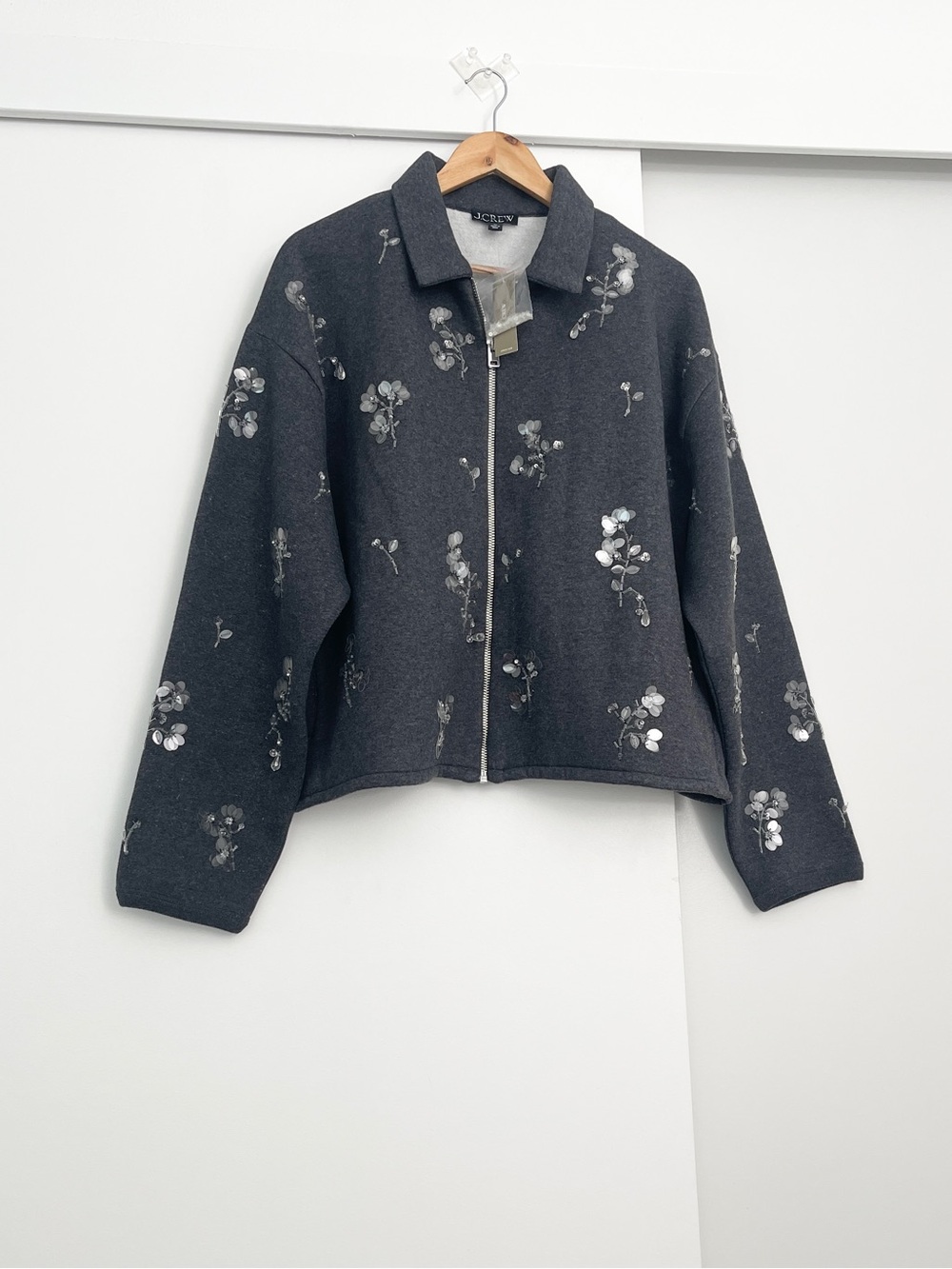 NWT Jcrew Embellished Floral Beaded Sequins  Jacket Zip Up Fleece Size XL